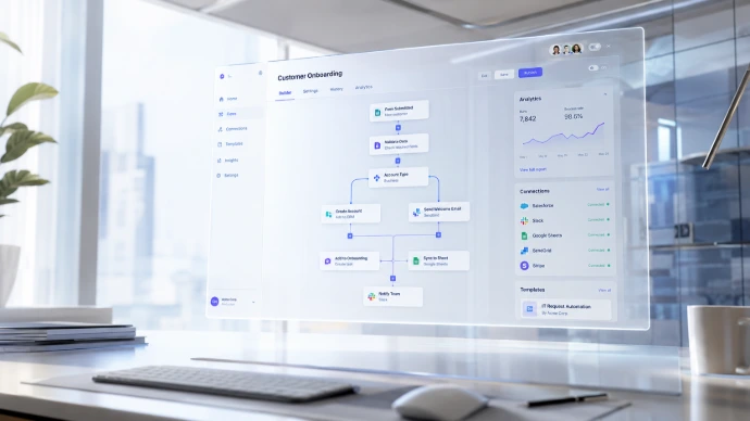 Dashboard di low-code automation in un ufficio moderno con flussi automatizzati e integrazioni digitali.