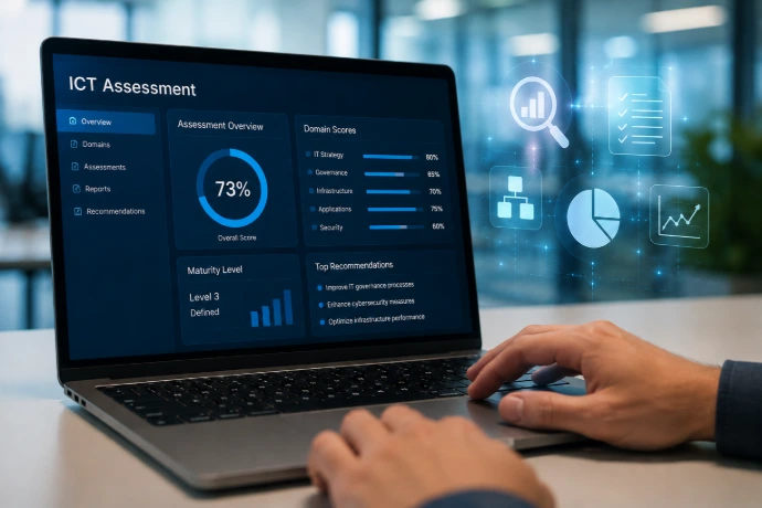 Dashboard ICT Assessment su laptop con analisi dei livelli di maturità, sicurezza e performance IT aziendali.